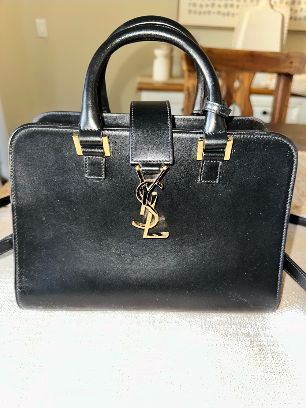 Saint Laurent Black Leather Top-Handle Bag with Gold Hardware, pre loved bag